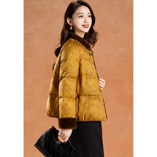 Kebel Chinese style fur stitching warm coat women's winter new style Hongyun high-end light luxury down jacket yellow M