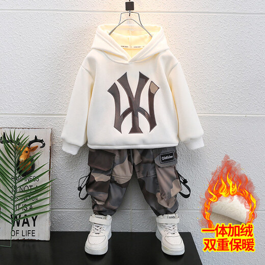 Qi Yuemang Boys Autumn and Winter Clothing Set 2026 Western Style Children's Clothes Children's Plus Velvet Thickened Cotton Two-piece Set Trendy Black 90 cm