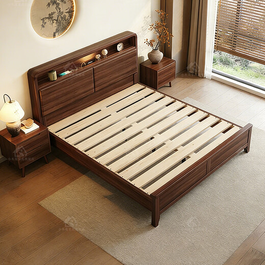 Small wooden nest solid wood bed black walnut mid-century style 1.8m double bed bedroom with light soft package bedside high box storage bed bed silent dovetail bed board 1200*2000 solid wood bedside with light and sub charging