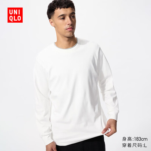 Uniqlo men's and women's soft round neck T-shirt/casual long-sleeved top 25 autumn and winter new style 479783 00 white L