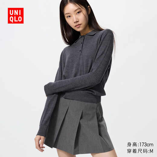UNIQLO Women's Worsted Merino Wool POLO Collar Sweater/Commuting 478333 07 Pewter Gray M/160/84A