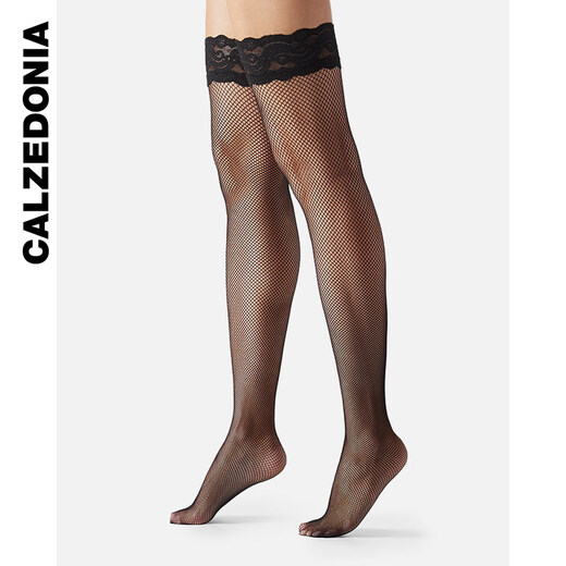 Calzedonia Kaze Italian Socks Women's Lycra Sexy Lace Small Mesh Thigh Socks Over the Knee Stockings REA004 Black-019 S _M