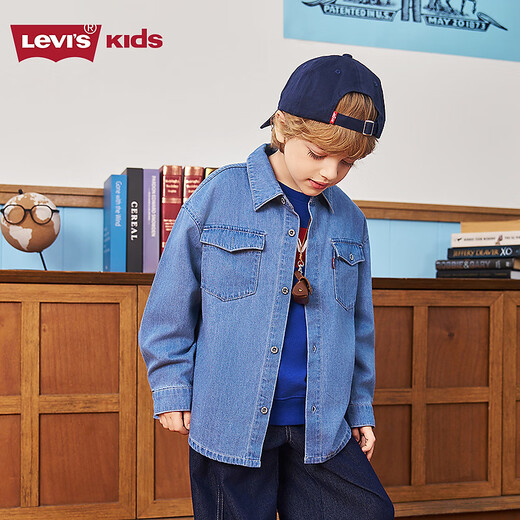 Levi s Levi's children's denim shirt 2026 spring comfortable children's long-sleeved shirt lake gray blue 140/68 recommended height 128-140cm