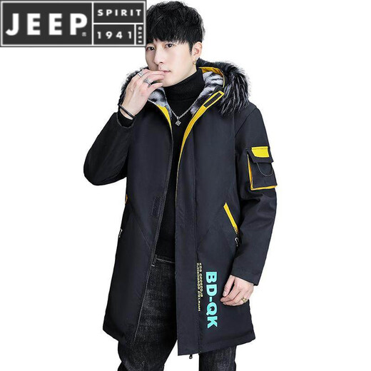 JEEP SPIRIT winter parka men's velvet thickened jacket trendy winter mid-length windbreaker warm cotton men's jacket BDQ black rice plus velvet thickened with fur collar L