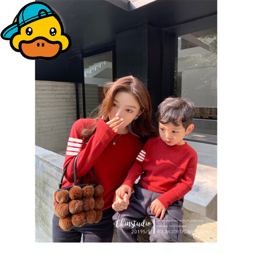 G.duck Chinese New Year parent-child outfits for a family of three in autumn and winter, western-style family outfits, red knitted sweater, baby jumpsuit, round neck, red 165 Adult S (80-100Jin Jin is equal to 0.5kg)