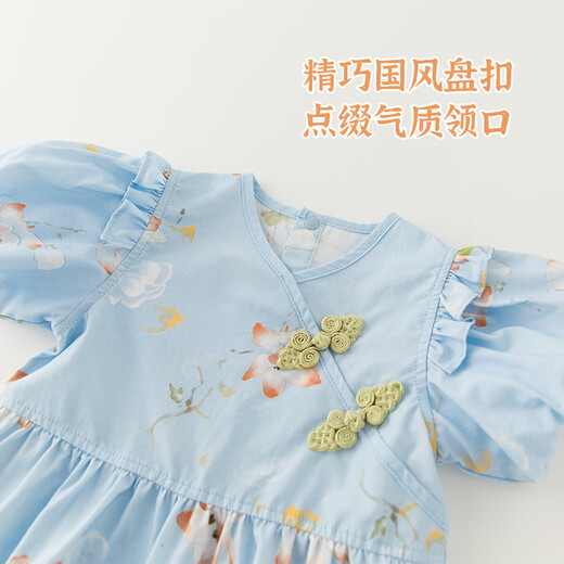 Wooden cotton baby girl short-sleeved jumpsuit summer thin Tencel baby Chinese-style romper one-year-old gift national style sky blue/wooden hibiscus 80cm