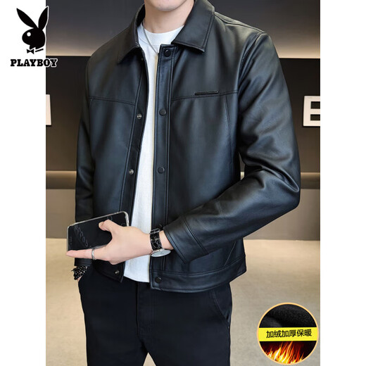 Playboy velvet thickened leather jacket for men, autumn and winter trendy brand 2025 new slim fit label design PU leather jacket for men, coffee color L