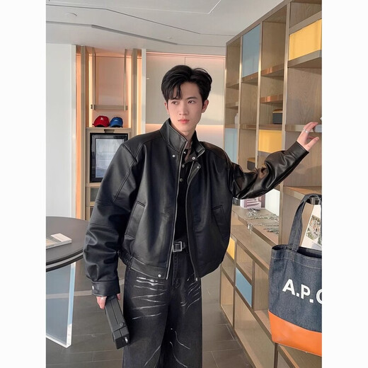 Lanye Mengxiang Xinji Leather Jacket Spring and Autumn Short Maillard Leather Jacket Men's Loose and Handsome Stand-up Collar Shoulder Pad Motorcycle Suit PU Black High-Quality Customized Model-Direct Sales M Recommendation 100-120Jin Jin is equal to 0.5 kg