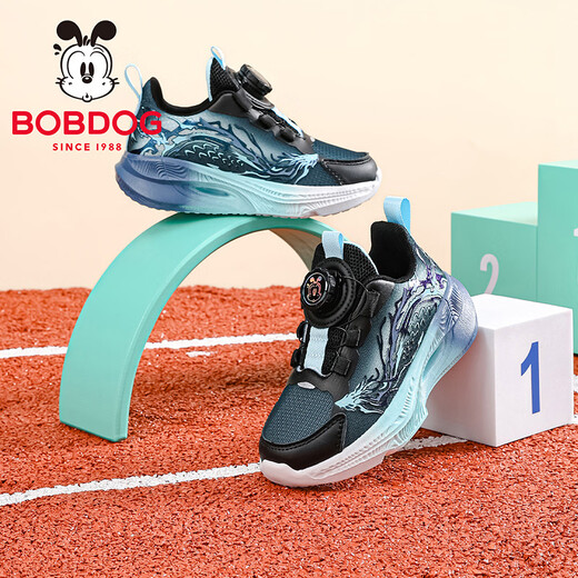 BOBDOG Children's Shoes Boys' Sports Shoes 2026 Spring New Rotating Button Boys Running Shoes Children's Shoes Women Black/Water Moon Blue 28 Suitable for Feet Length 17.0CM