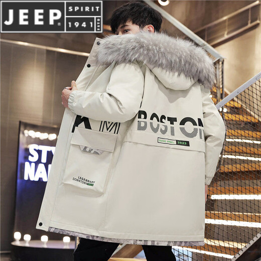 JEEP SPIRIT бархатная куртка средней длины, мужская новая зимняя модная куртка-пуховик с меховым воротником и капюшоном, красивая утолщенная ветровка, парка E91 цвета хаки (обновленный плюс бархатный стиль) XL