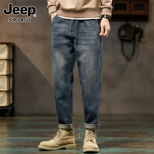 JEEP SPIRIT Jeep jeans men's autumn and winter American loose pants men's pants wide-leg casual pants nostalgic blue 38