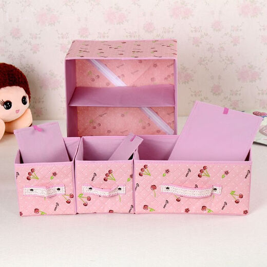 Fantasy two-layer three-draw underwear storage box drawer-type fabric home bra storage box foldable storage box waterproof lace cherry 30x22x30cm