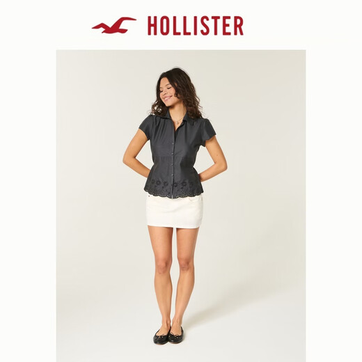 HOLLISTER American sweet lady style waist-tie slim short-sleeved shirt 26 spring women's wear 340-6026 black XXS (160/76A)