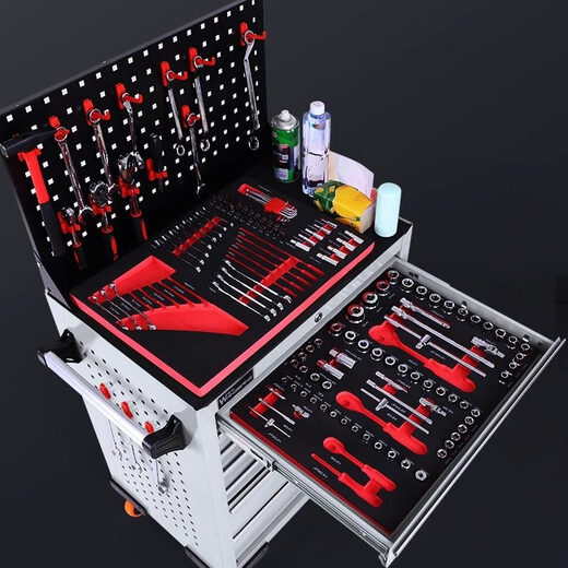 Wangbang multifunctional mobile tool cart auto repair tool set ratchet wrench combination complete repair cart tool box new three-draw red + back plate + 158-piece tool set