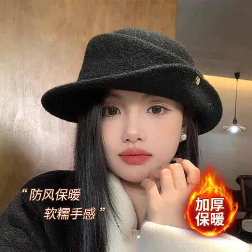Jiaojing Hat Qianjin Style Retro Knitted Curly Top Hat Fisherman Hepburn Style Elegant Women's Autumn and Winter Mountaineering Hat Basin Hat Upgraded and Thickened Qianjin Retro Top Hat (Dark Black)