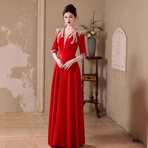 Timochi host dress female adult temperament annual meeting choir performance dress long skirt recitation evening student red song competition red S
