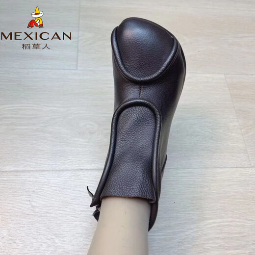 Scarecrow ethnic style retro genuine leather short boots for women 2026 autumn new style comfortable soft sole cotton and linen single boots round toe flat fashion boots black plus velvet 35