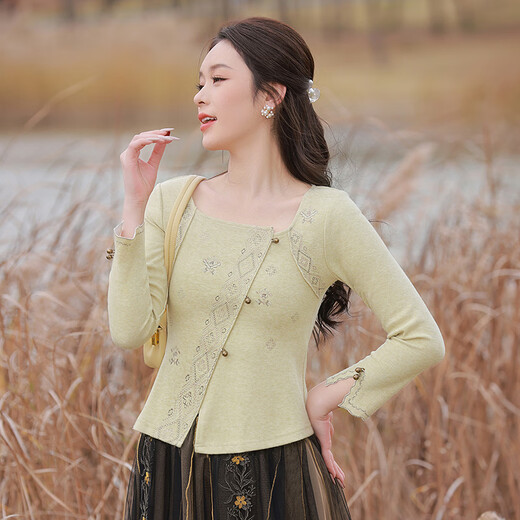 Fireworks perm national style design bottoming shirt women's sweater spring 2026 new temperament embroidered top JY Su Wan yellow green S