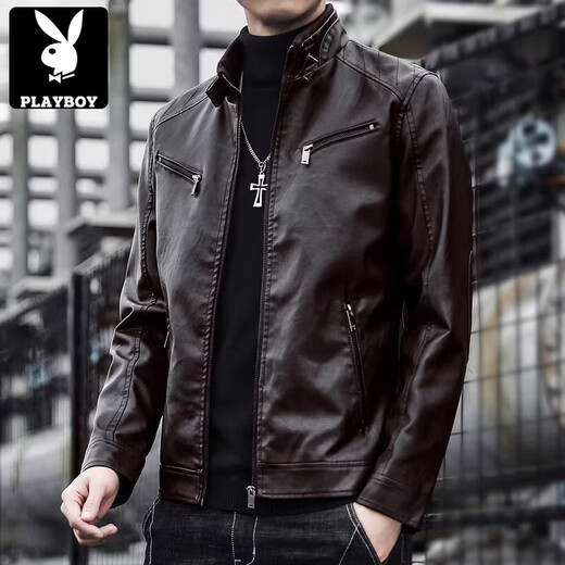 Playboy (PLAYBOY) leather jacket men's stand collar Haining trendy brand handsome casual autumn and winter motorcycle leather jacket large size coat A609 black without velvet L 105-120Jin Jin equals 0.5 kg