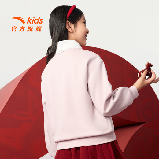 ANTA Children's Sweater Women's and Children's Clothing 2026 Spring New Year's Style Plus Velvet Warm Year of the Horse Red Skin Warm Velvet Pullover Lychee Pink-3 140