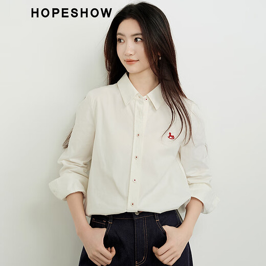 Red Sleeve (Hopeshow) 100% Cotton Shirt 2026 Spring New Women's Contrast Color Trojan Embroidery Right Shoulder Long Sleeve Lapel Temperament Top White 001 S