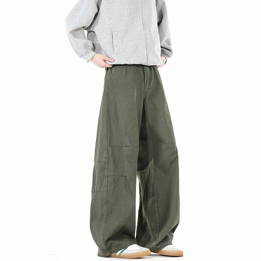 LOMBT Mono retro americano para hombre, pantalones casuales rectos, altos y versátiles, de pierna ancha, de algodón puro, de primavera, LX18, verde militar, L