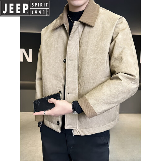 JEEP Jeep Leather Down Jacket Men's Lapel Winter 2026 New Casual Splicing Design Duck Down Jacket Men's Winter Clothing Black XL