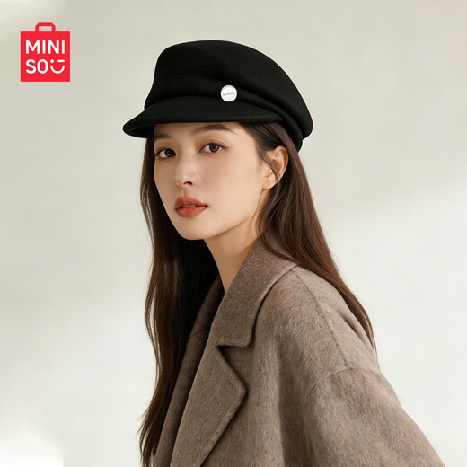 MINISO black pure wool nibert hat for women autumn and winter British style newsboy octagonal hat with big head circumference showing face Xiaohan fashion elegant black