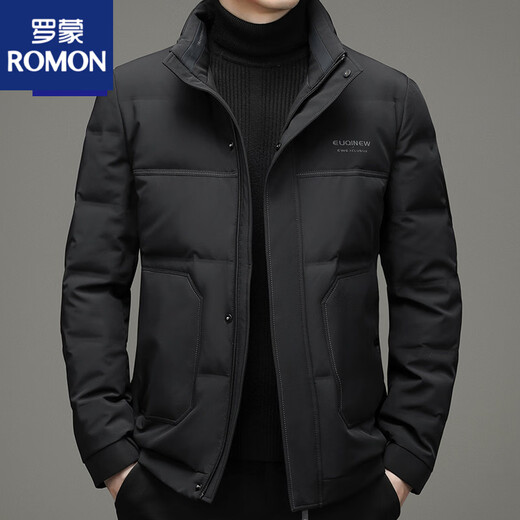 ROMON high-end down jacket men's autumn and winter short middle-aged stand-up collar white duck down men's business thickened warm jacket black 2XL 180