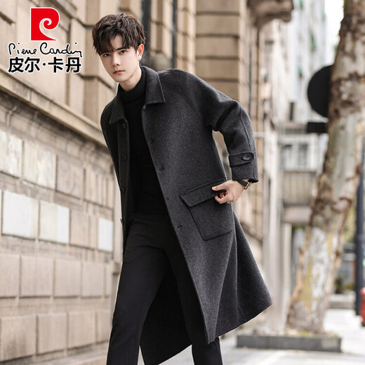Шерстяная ветровка Pierre Cardin, мужская осенне-зимняя двусторонняя шерстяная куртка, мужское среднее и длинное модное пальто высокого класса, мужские топы, черный, серый 69,7 Шерсть M Рекомендуется 100–120 Джин Джин равен 0,5 кг