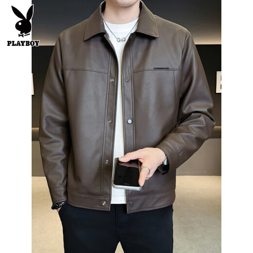 Playboy velvet thickened leather jacket for men, autumn and winter trendy brand 2025 new slim fit label design PU leather jacket for men, coffee color L