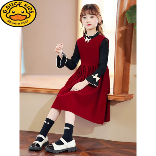 G.duck3-16 years old children's clothing girls dress autumn and winter 2024 new style little girl style princess skirt suit children two pieces Q16 wine red skirt (single skirt) 140