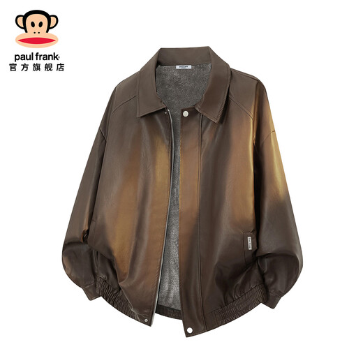 Big mouth monkey (paul frank) PU leather jacket men's autumn and winter new trendy brand loose motorcycle jacket plus velvet thickened warm casual lapel jacket black plus velvet cold protection and warmth M recommended 90-125Jin Jin equals 0.5 kg