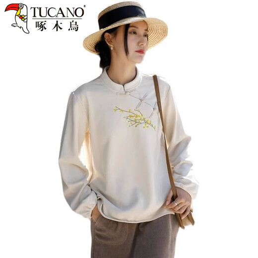 Woodpecker (TUCANO) Retro New Chinese Button Top Women's 2025 Autumn and Winter New Improved Cheongsam Collar Light National Style Embroidered Shirt Apricot 3XL Recommended 150-170 Jin Jin equals 0.5 kg