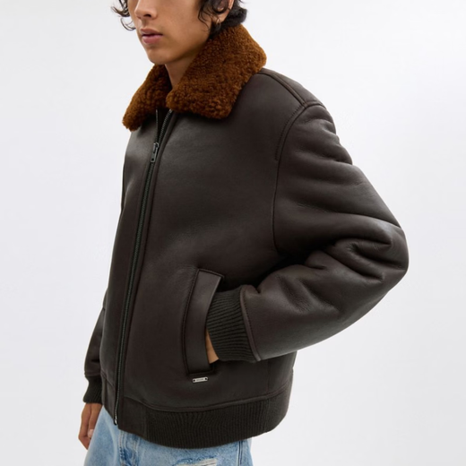 COACH Lapel Zipper Closure Long Sleeve Leather Jacket Men's Dark Brown Dark Brown M