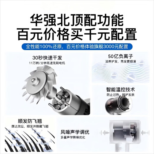 Dysendele 5 billion hydrating negative ions | National 3C certification Leafless hair dryer household silent negative ions high power not harmful to hair constant temperature hair care quick drying Huaqiangbei No. 1 Classic Senhong丨 5 billion hydrating negative ions丨 constant temperature 5 seconds quick drying