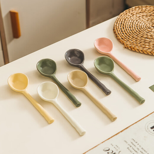 WANIOT eating spoon cute high-looking creative ceramic small spoon household soup ins long handle rice spoon small light green-Morandi spoon