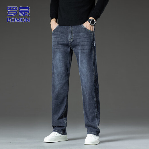ROMON high-end jeans men's autumn and winter loose straight casual pants men's trendy versatile men's pants gray black blue 32