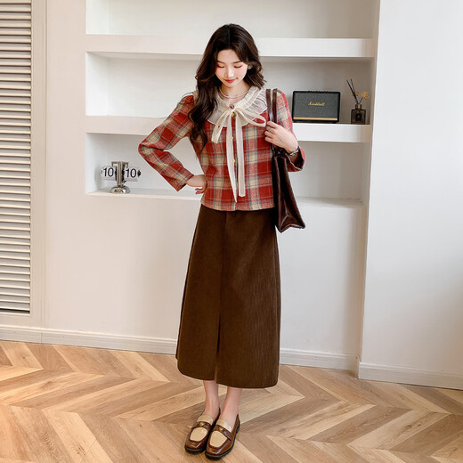Ives (ITISF4) Spring Festival Sweet Temperament Jacket Spring Slimming Exquisite Ruffled Plaid Versatile Top Shirt Red Plaid S