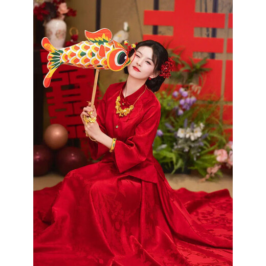 Wanzhuang New Chinese Style Red Toasting Wear Women's Autumn Two-piece Set Red Set S