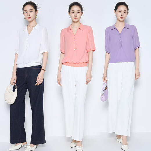 MY TENO Martino 2026 spring and summer new style French lapel half-breasted pullover shirt pleated short-sleeved shirt top temperament pink 2XL 44/2XL