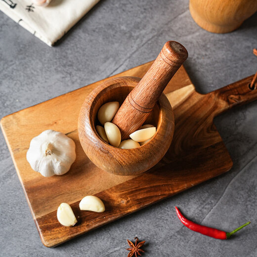 Sheli solid wood garlic mortar, log garlic masher, medicinal jar, wooden grinder, household chili garlic masher, medium size (with garlic masher)