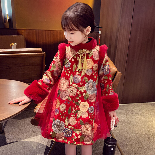 Disney Girls Princess Dress Chinese Style Cheongsam Winter Clothing New Girls Velvet Han Dynasty Clothing Children New Year Clothing Red 140