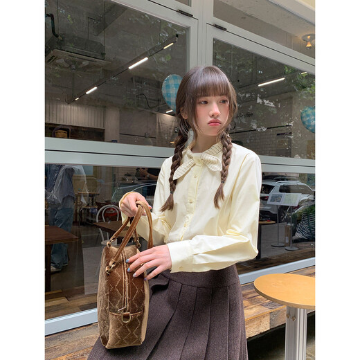 Hello Canon Striped Rabbit Ear Collar Long Sleeve Shirt Women's Retro Niche Design Shirt Temperament Simple Top Light Yellow XS