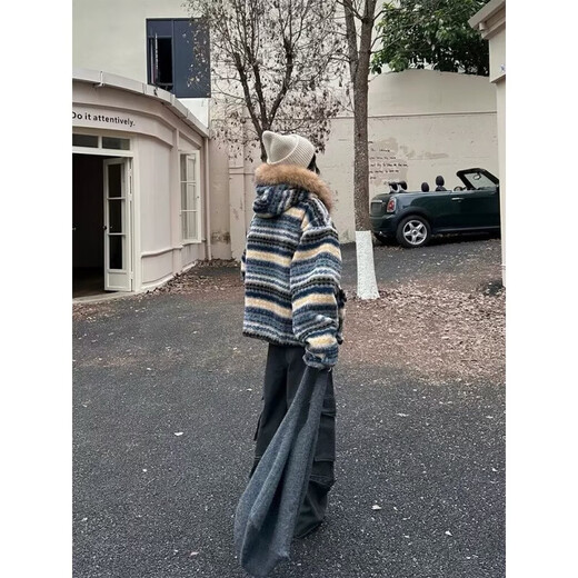 American style large fur collar contrasting color lamb wool coat for men and women winter style thickened warm hooded cotton coat blue XL