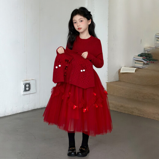 LEBANBI children's clothing girls' dress New Year's greetings 2025 new medium and large children's New Year thick red skirt girls' long skirt winter red 150 (suitable for height 145CM)