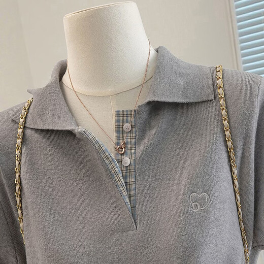 Sibaishe solid color lapel short-sleeved sweater for women 2026 spring new fashion embroidered simple pullover top