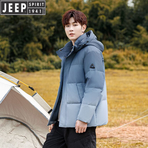 JEEP吉普男士羽绒服短款冬季新款毛领加厚保暖外套休闲宽松防寒服男款 水墨蓝【带毛领】 M