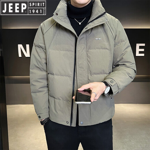 JEEP Jeep Men's Lightweight Down Jacket Winter Men's 2026 New Thickened Stand-up Collar Warm and Coldproof Jacket Men's Trendy Gray Green 2XL 135-150Jin Jin equals 0.5 kg