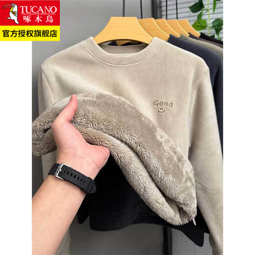 Woodpecker thickened velvet sweatshirt men's round neck winter flannel warm top men's fleece ultra-thick all-in-one velvet bottoming shirt 6665 meters gray 2XL recommended 125-145Jin Jin equals 0.5 kg